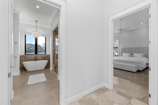 bathroom with crown molding, ceiling fan, plenty of natural light, and a washtub