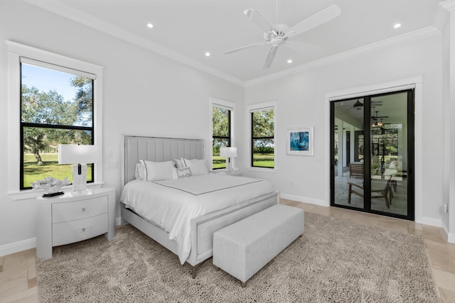 bedroom featuring ceiling fan, ornamental molding, and access to outside