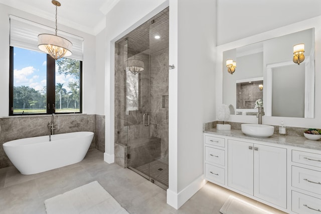 bathroom featuring an inviting chandelier, crown molding, concrete flooring, shower with separate bathtub, and vanity