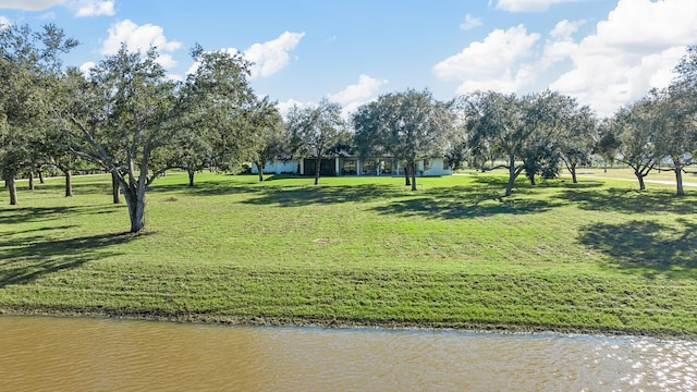 view of community featuring a water view and a lawn