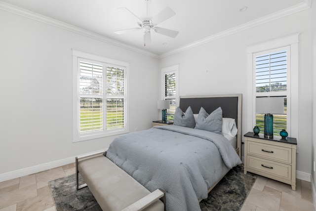 bedroom with ceiling fan, crown molding, and multiple windows