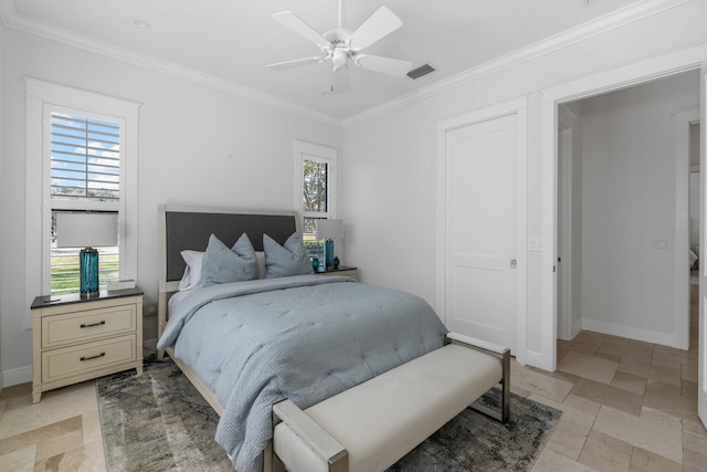 bedroom featuring ceiling fan, multiple windows, and crown molding