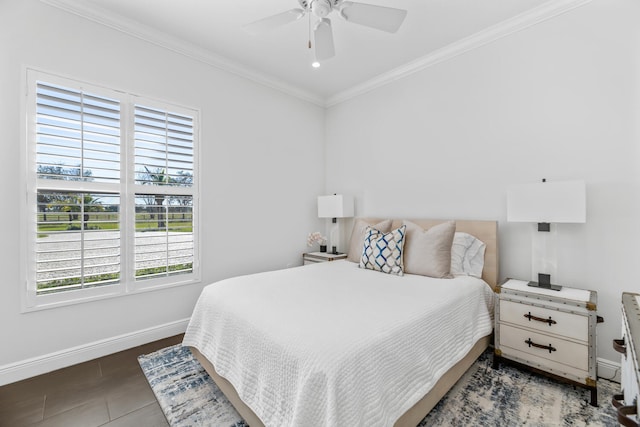 bedroom with ceiling fan and ornamental molding