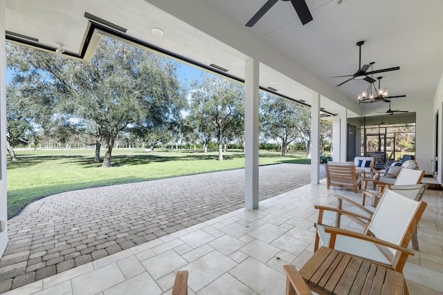 view of patio featuring ceiling fan