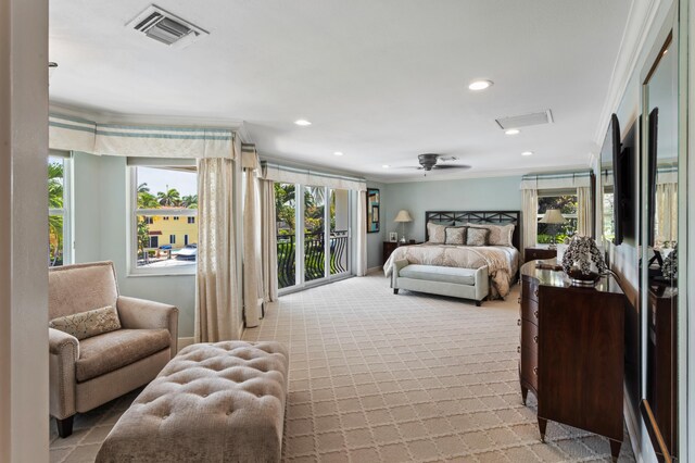 carpeted bedroom with access to exterior and ornamental molding