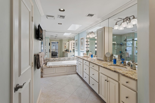 bathroom featuring tile patterned flooring, a skylight, separate shower and tub, and ornamental molding