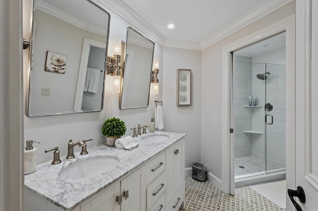 bathroom featuring vanity, walk in shower, and crown molding