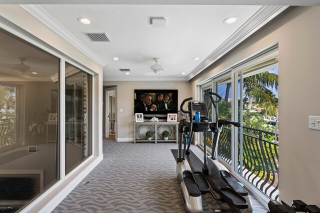 workout area featuring ceiling fan, crown molding, and dark colored carpet