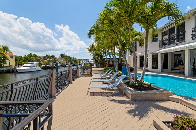 view of pool featuring a water view and a patio area