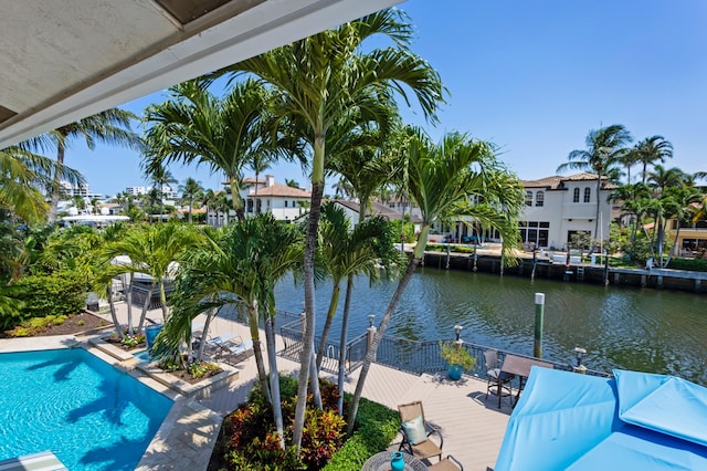 exterior space with a water view