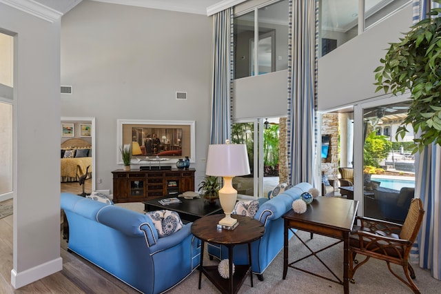 living room featuring hardwood / wood-style floors, a high ceiling, and ornamental molding