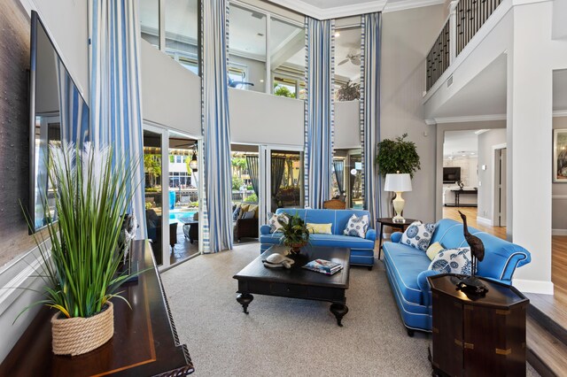 living room with a towering ceiling and ornamental molding