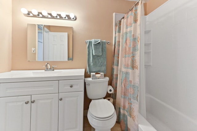 full bathroom featuring vanity, shower / bath combo with shower curtain, and toilet