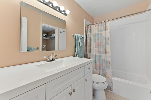 full bathroom with toilet, tile patterned flooring, vanity, and shower / bath combo with shower curtain