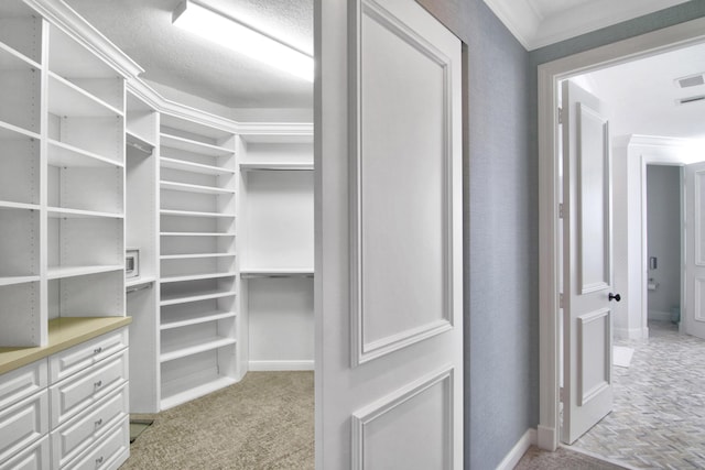 spacious closet with light carpet