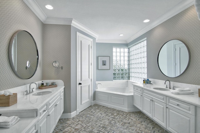 bathroom featuring parquet flooring, ornamental molding, vanity, and a washtub