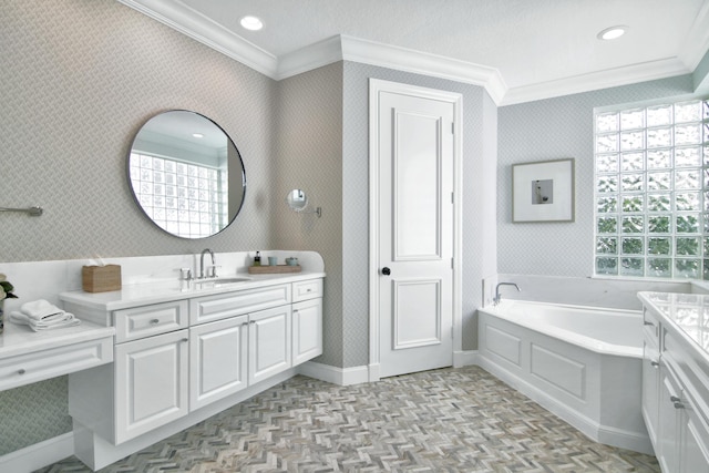 bathroom with vanity, parquet flooring, ornamental molding, and a tub