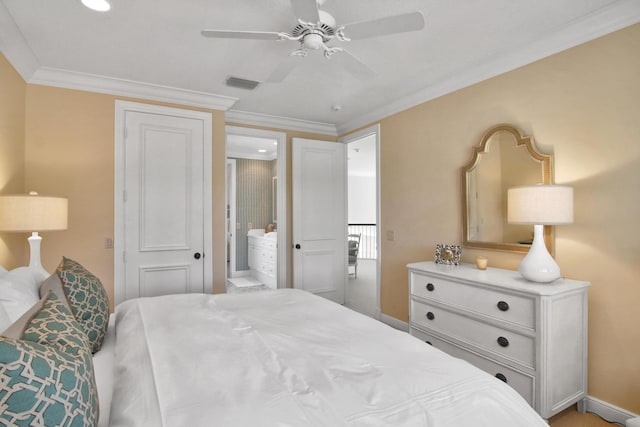 bedroom with crown molding, ensuite bath, and ceiling fan