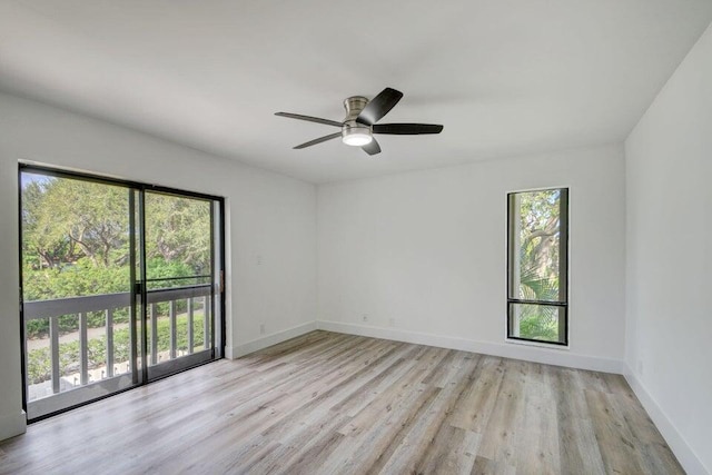 spare room with ceiling fan, light hardwood / wood-style floors, and a healthy amount of sunlight