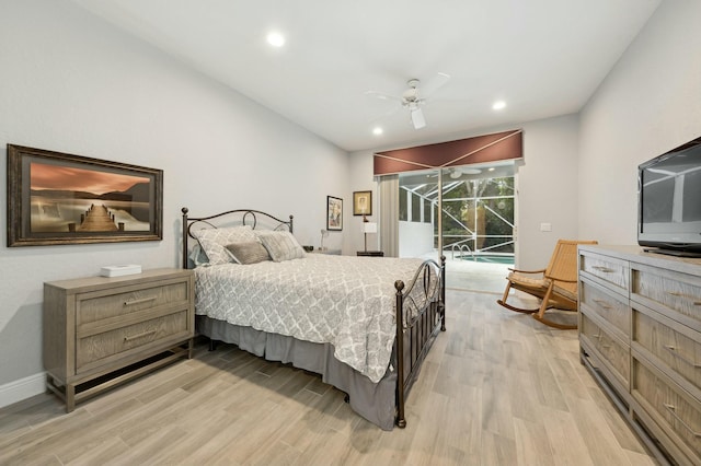 bedroom with access to exterior, light wood-type flooring, and ceiling fan