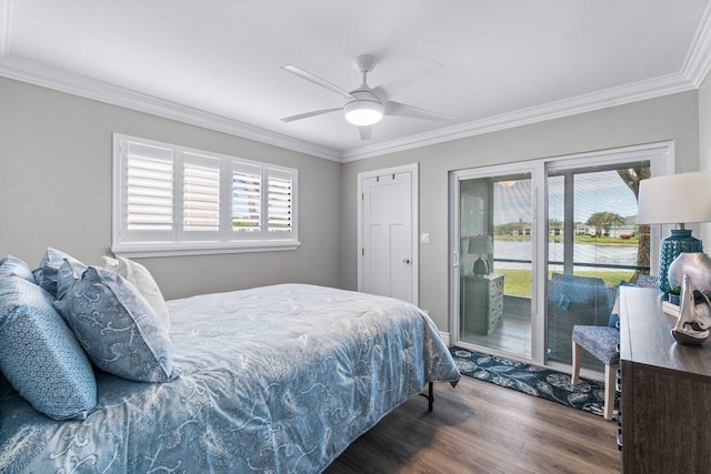 bedroom with access to exterior, ceiling fan, ornamental molding, and dark wood-style flooring