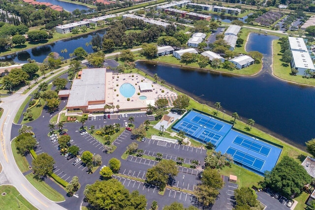 drone / aerial view with a water view