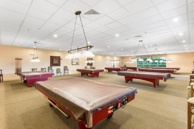 recreation room featuring carpet, visible vents, billiards, and recessed lighting