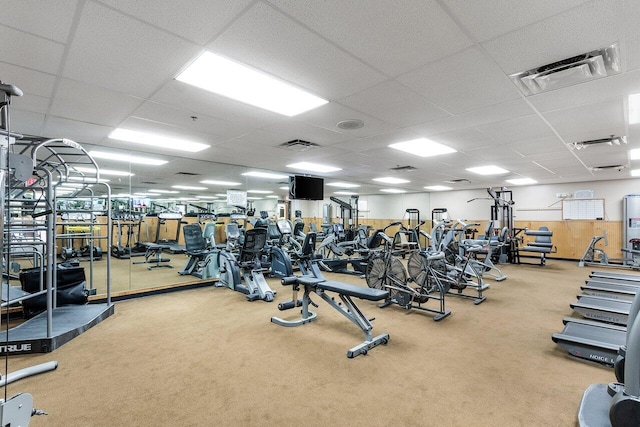 workout area featuring visible vents, a drop ceiling, and carpet flooring