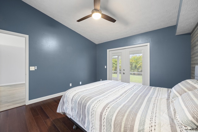 bedroom with ceiling fan, french doors, dark wood-type flooring, vaulted ceiling, and access to outside