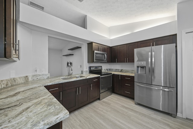 kitchen with stainless steel appliances, visible vents, a sink, dark brown cabinetry, and light wood-type flooring