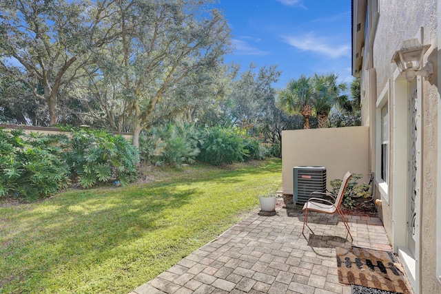 view of yard with cooling unit and a patio