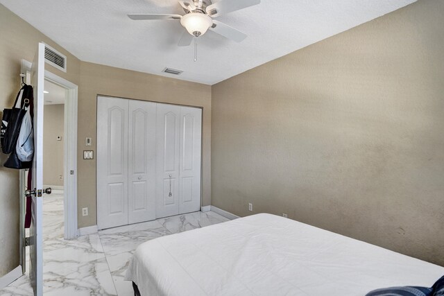 bedroom featuring ceiling fan and a closet