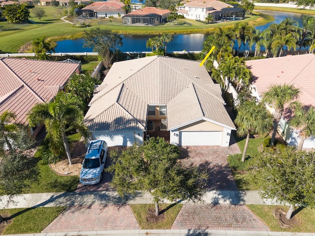 drone / aerial view featuring a water view