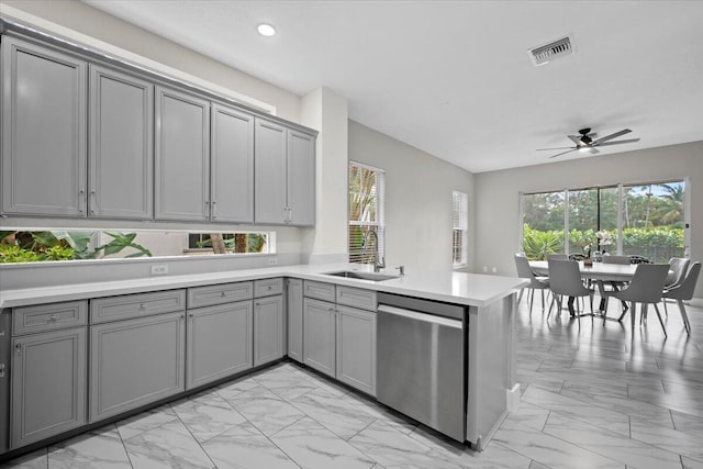 kitchen featuring kitchen peninsula, stainless steel dishwasher, ceiling fan, sink, and gray cabinets