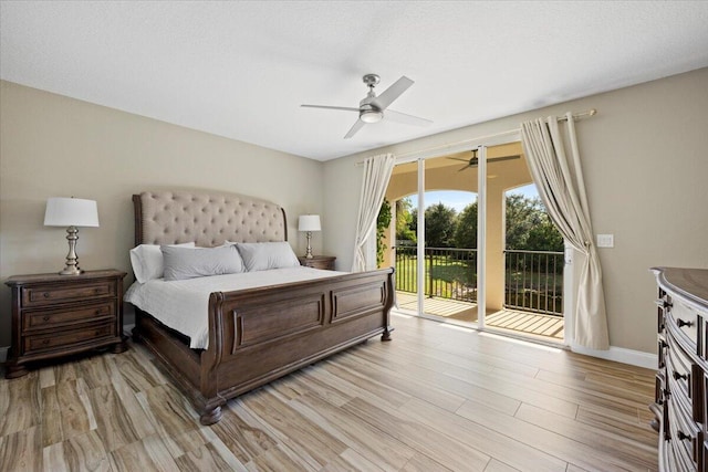 bedroom featuring access to outside, ceiling fan, and light hardwood / wood-style floors