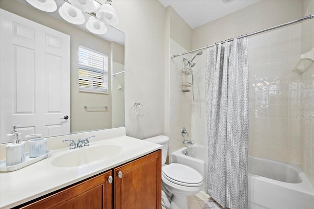 full bathroom featuring shower / bath combination with curtain, vanity, toilet, and tile patterned floors