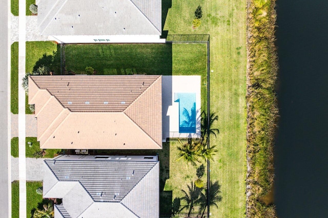 aerial view featuring a water view