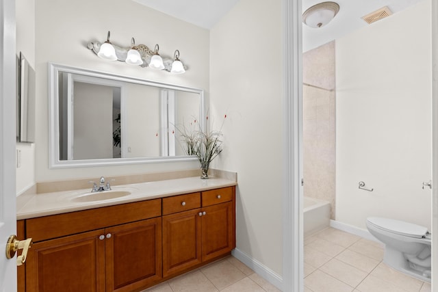 full bathroom featuring tile patterned floors, toilet,  shower combination, and vanity