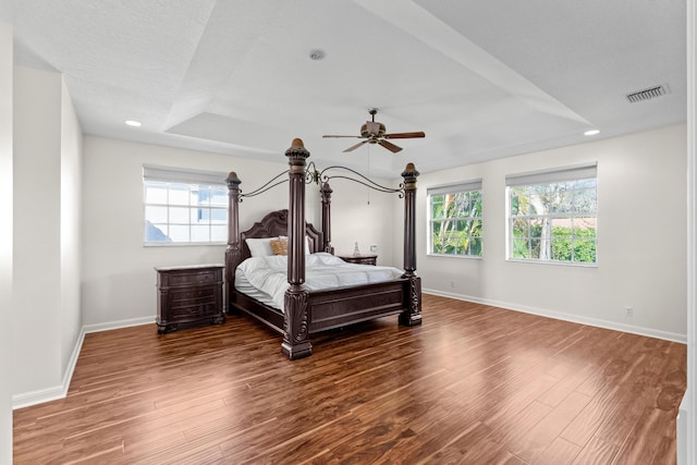 bedroom featuring dark wood-type flooring, a raised ceiling, multiple windows, and a textured ceiling