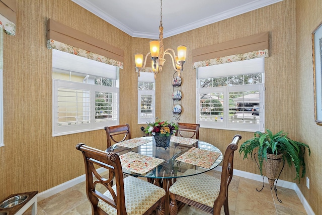 dining space with an inviting chandelier and crown molding