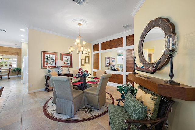 tiled dining room with crown molding and a notable chandelier