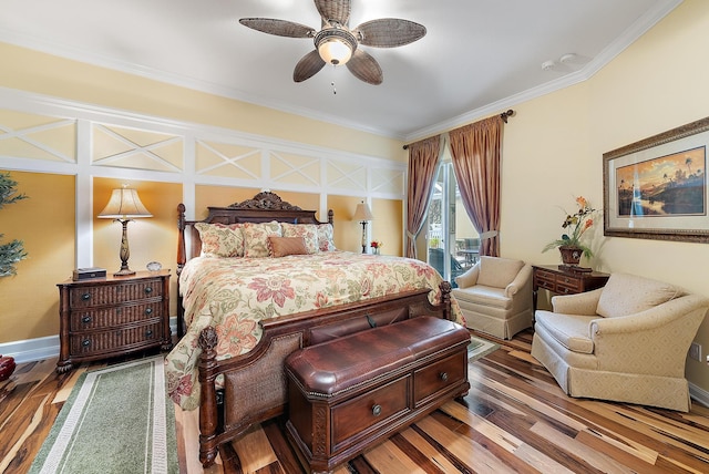 bedroom with ceiling fan, access to exterior, crown molding, and hardwood / wood-style flooring