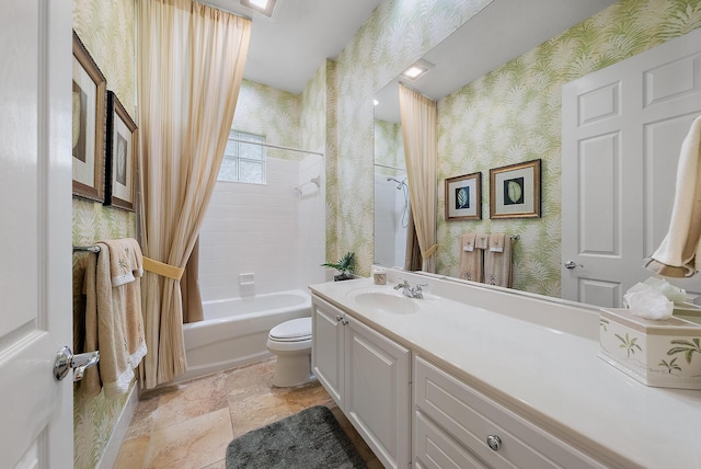 full bathroom featuring toilet, shower / bath combination with curtain, and vanity