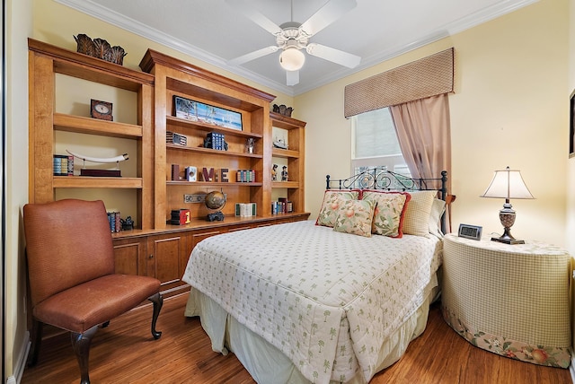 bedroom with ceiling fan, wood-type flooring, and ornamental molding