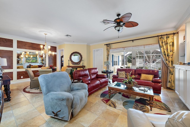 living room with crown molding and ceiling fan with notable chandelier