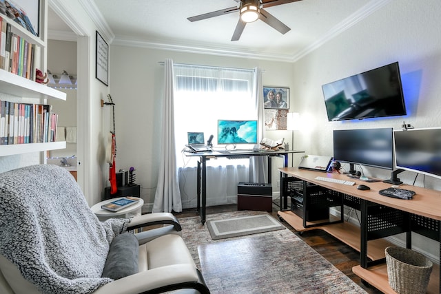 home office featuring dark hardwood / wood-style floors, ceiling fan, and crown molding