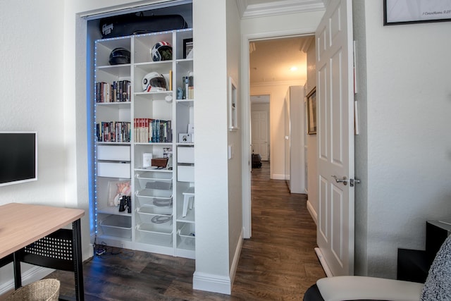 interior space featuring crown molding and dark wood-type flooring