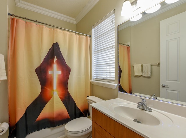 bathroom featuring vanity, toilet, a wealth of natural light, and ornamental molding