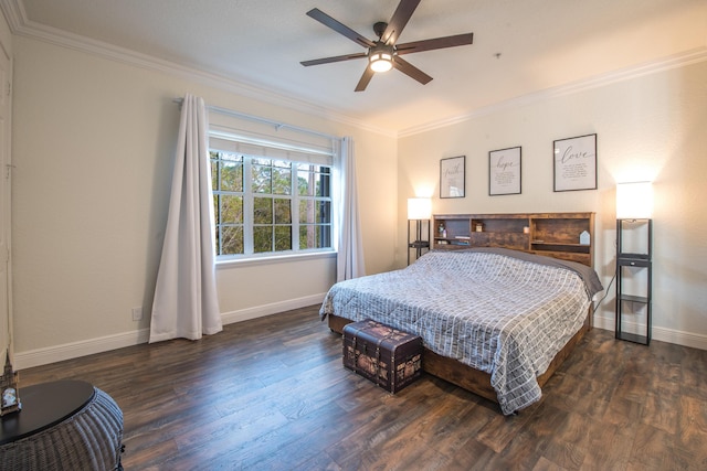 bedroom featuring dark hardwood / wood-style floors, ceiling fan, and ornamental molding