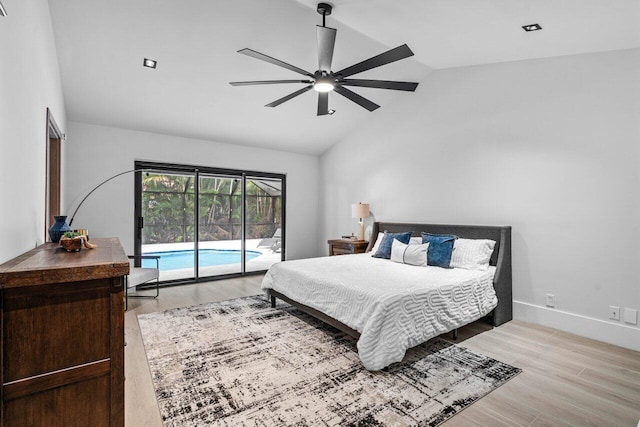 bedroom featuring lofted ceiling, light hardwood / wood-style floors, ceiling fan, and access to outside